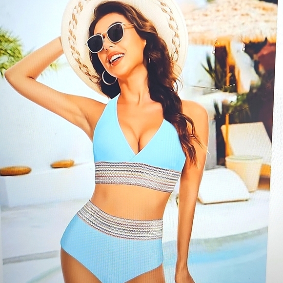 NWT Evolyline Colorblock High Waisted Scoop Neck Bikini 2 Piece Set Blue XL - Picture 1 of 14